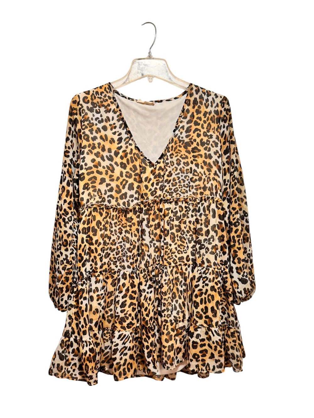 Leopard Print V-Neck Tiered Womens Dress - Brown